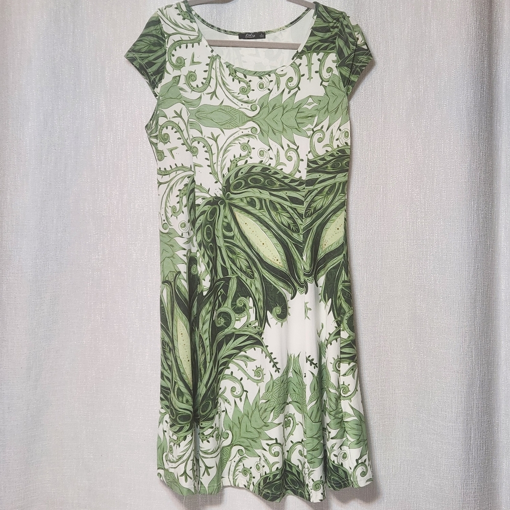 Lily by Firmiana Dress Womens Large White & Fern Green Midi Dress Beach